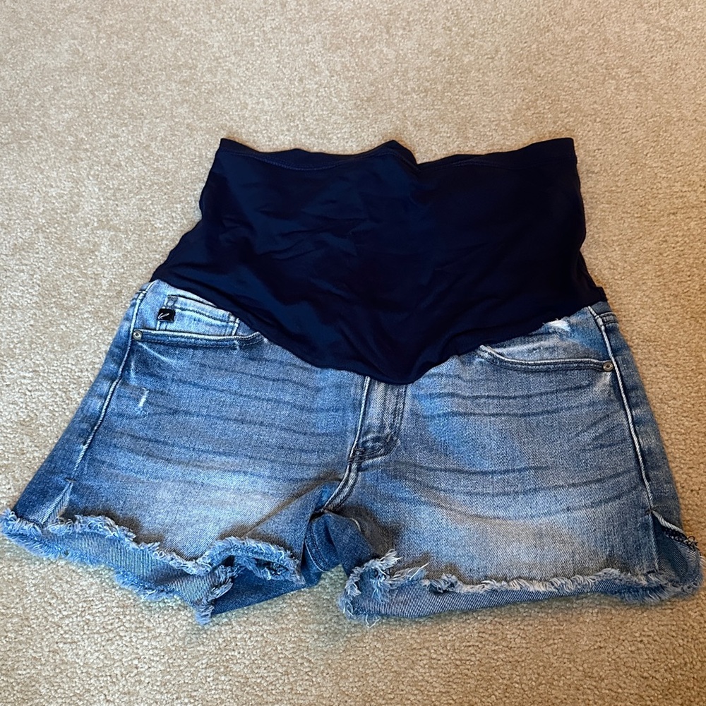 PinkBlush Blue Fringe Hem Maternity Denim Shorts